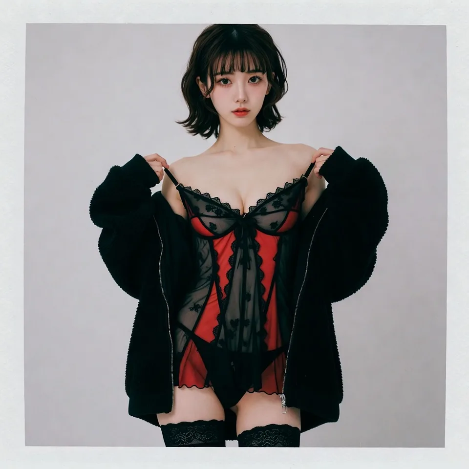 สาวญี่ปุ่น/เกาหลี สุดเย้ายวนในเสื้อแจ็กเกตขนฟูสีดำ 1