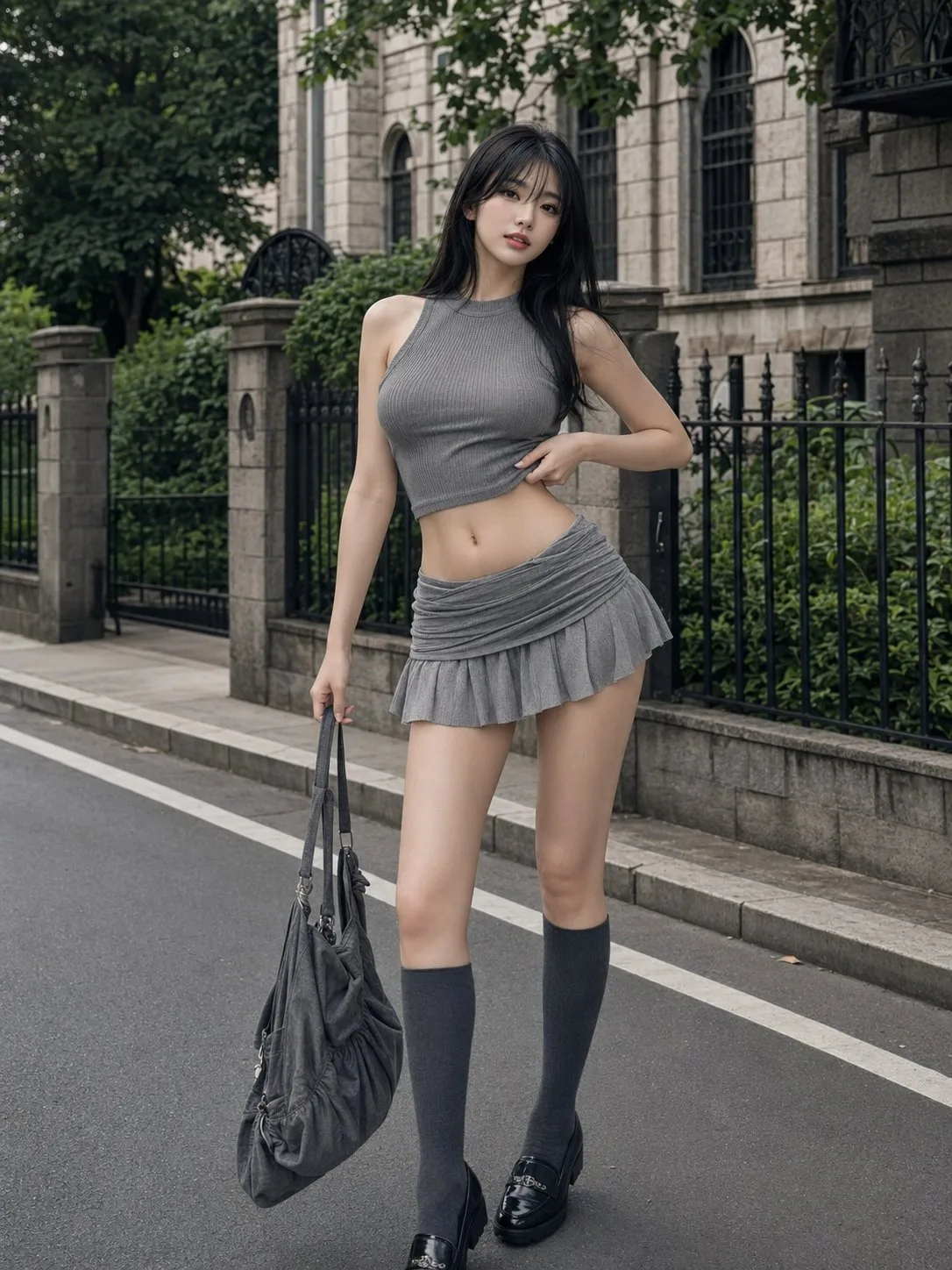 สาวเกาหลีชุดครอปสีเทาสไตล์สตรีทสุดชิค 1