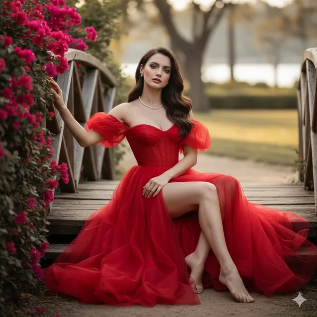 เทพธิดาชุดแดงในทุ่งดอกไม้สีทองยามอาทิตย์อัสดง