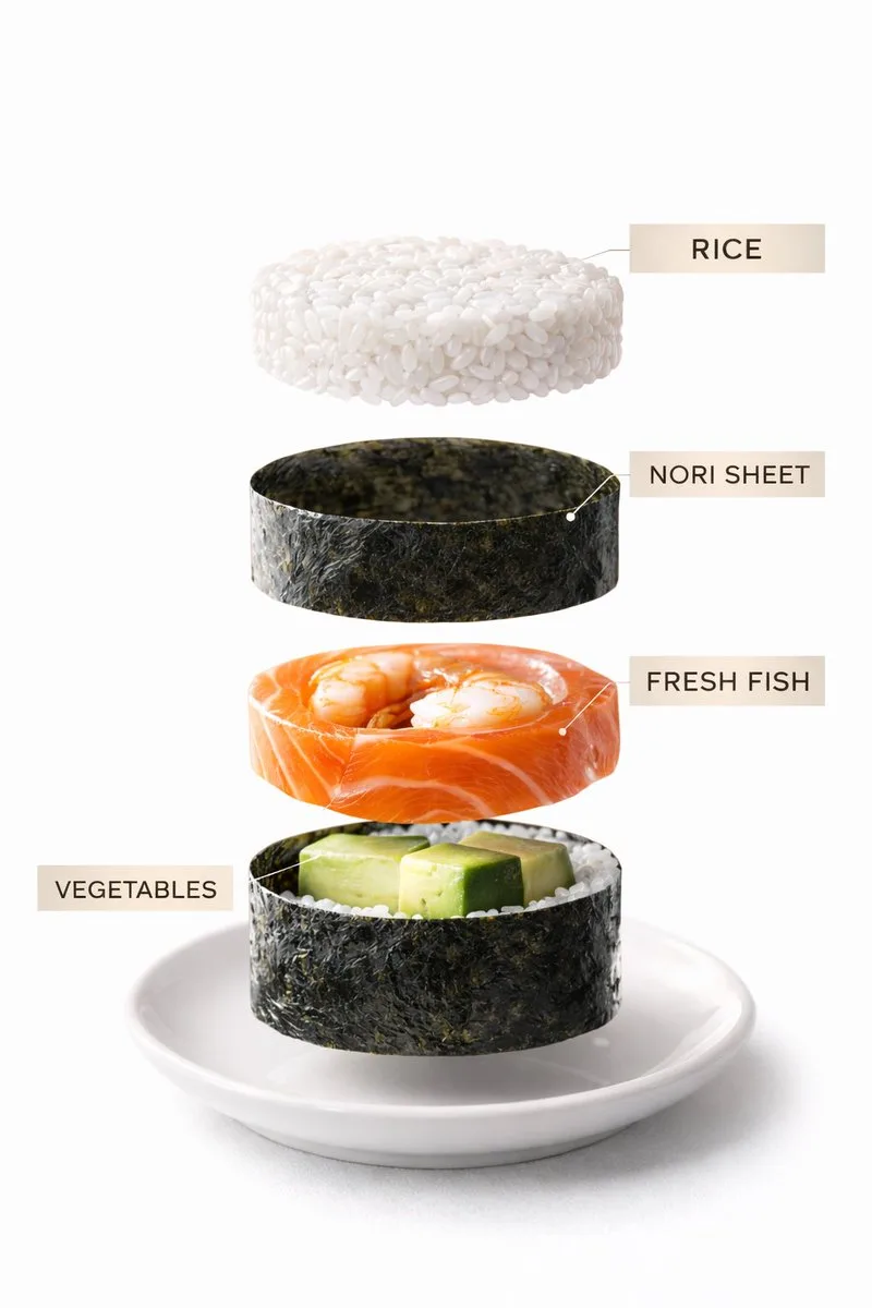 ซูชิวางบนจานหินชนวน & ภาพแยกส่วนประกอบ 1
