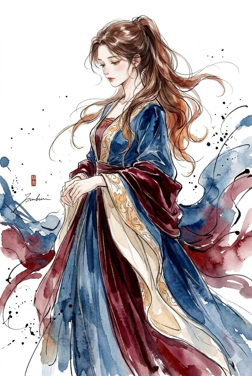 ภาพประกอบหญิงสาวชุดจีนโบราณผมยาว สไตล์สีน้ำหมึก 1