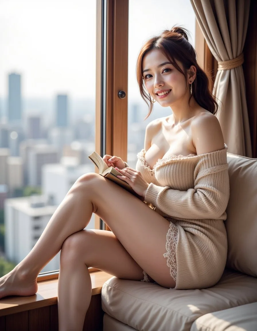 สาวสวยริมหน้าต่างกับวิวเมืองยามเย็น 1