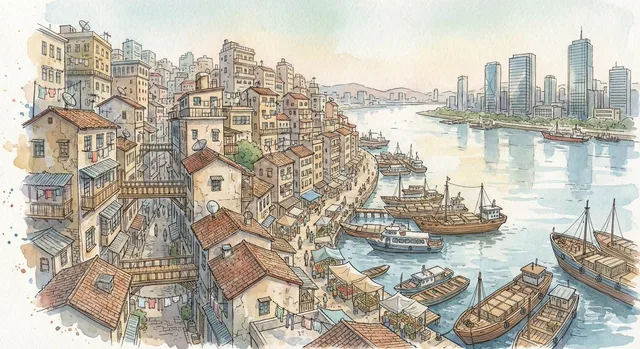 เมืองบนเนินเขาสไตล์แฟนตาซีพู่กันน้ำ