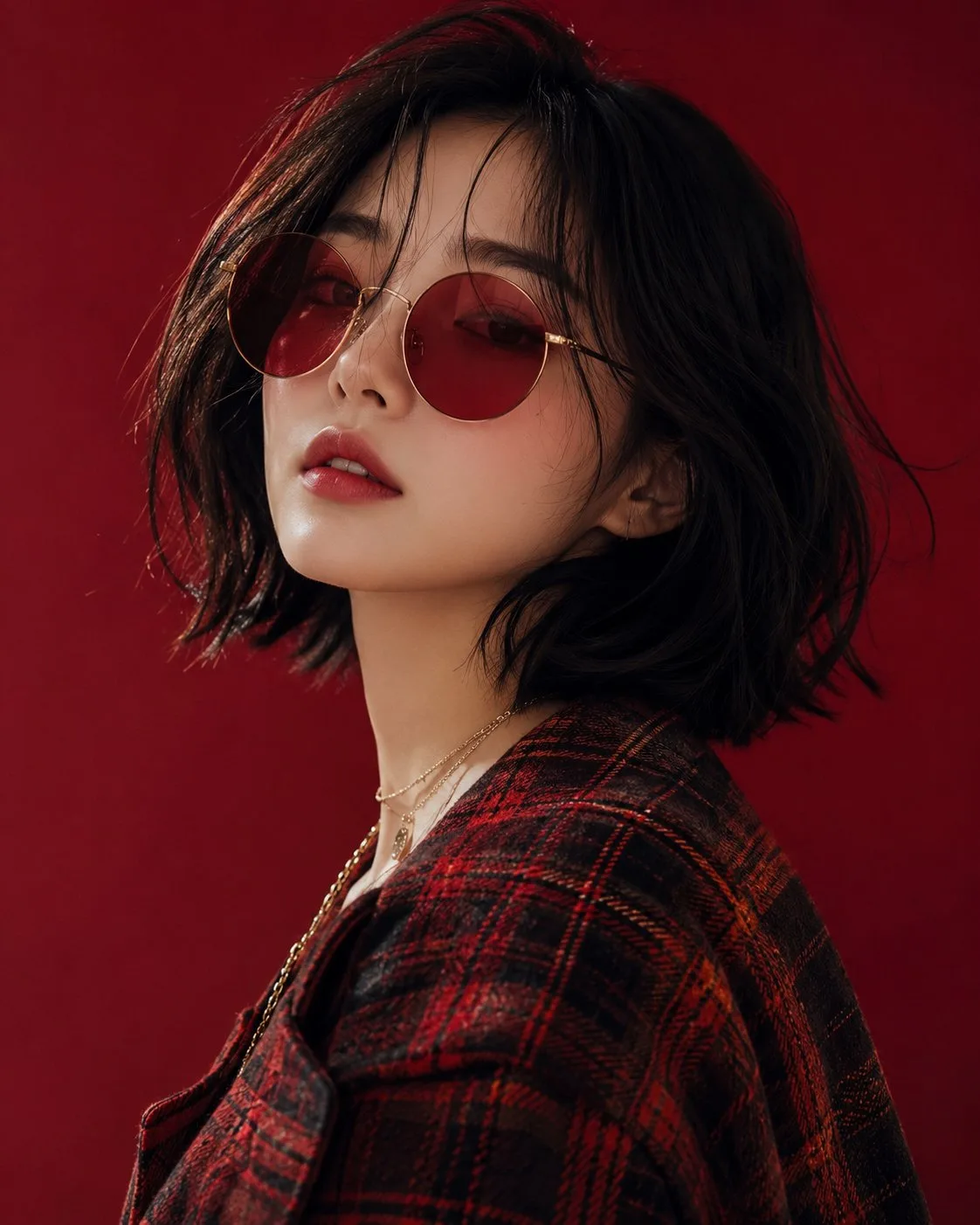 สาวแฟชั่นโค้ทลายสก๊อตแดงดำ แว่นกันแดดแดงสุดชิค 1