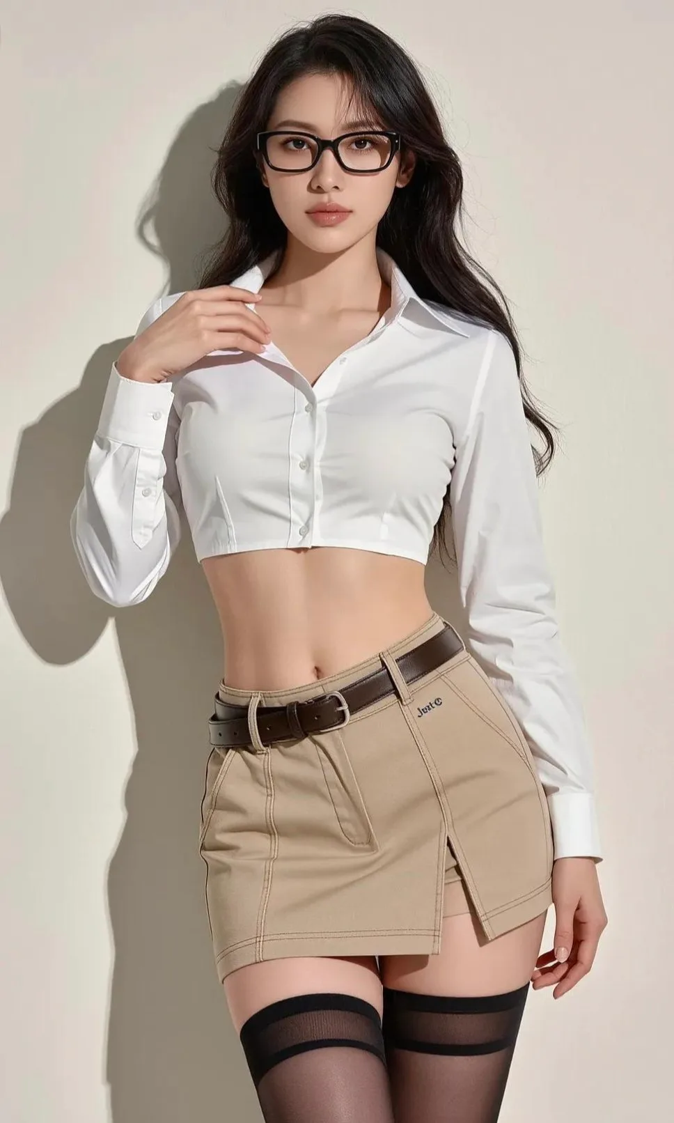 สาวแว่นแฟชั่นสุดชิคในชุดเดรสสีเบจ 1