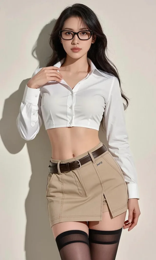 สาวแว่นแฟชั่นสุดชิคในชุดเดรสสีเบจ