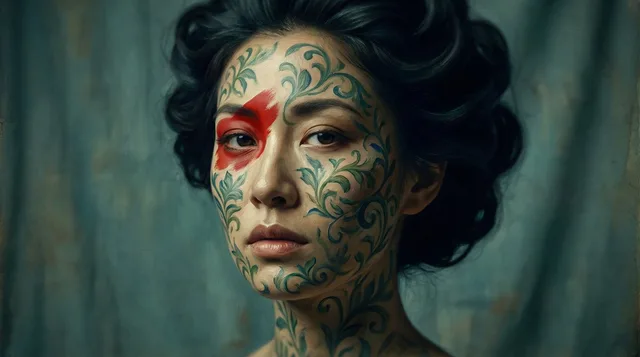 ภาพพอร์เทรตศิลปะหญิงสาวลายดอกไม้แบบภาพยนตร์