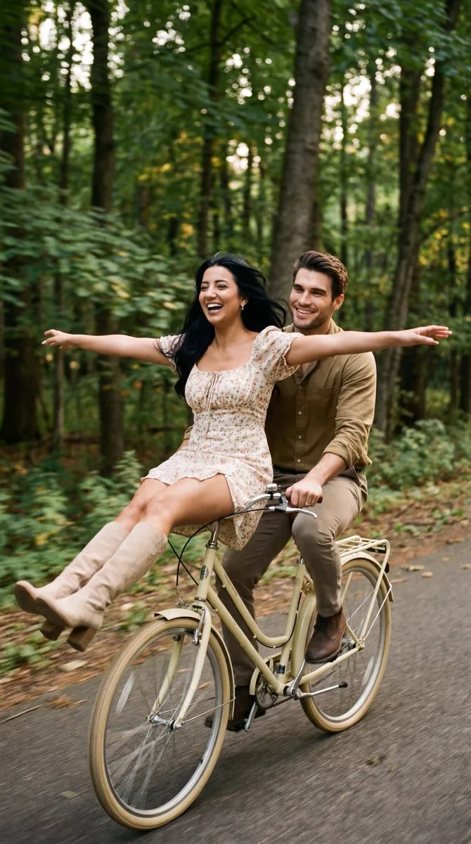 คู่รักปั่นจักรยานวินเทจในป่า 1