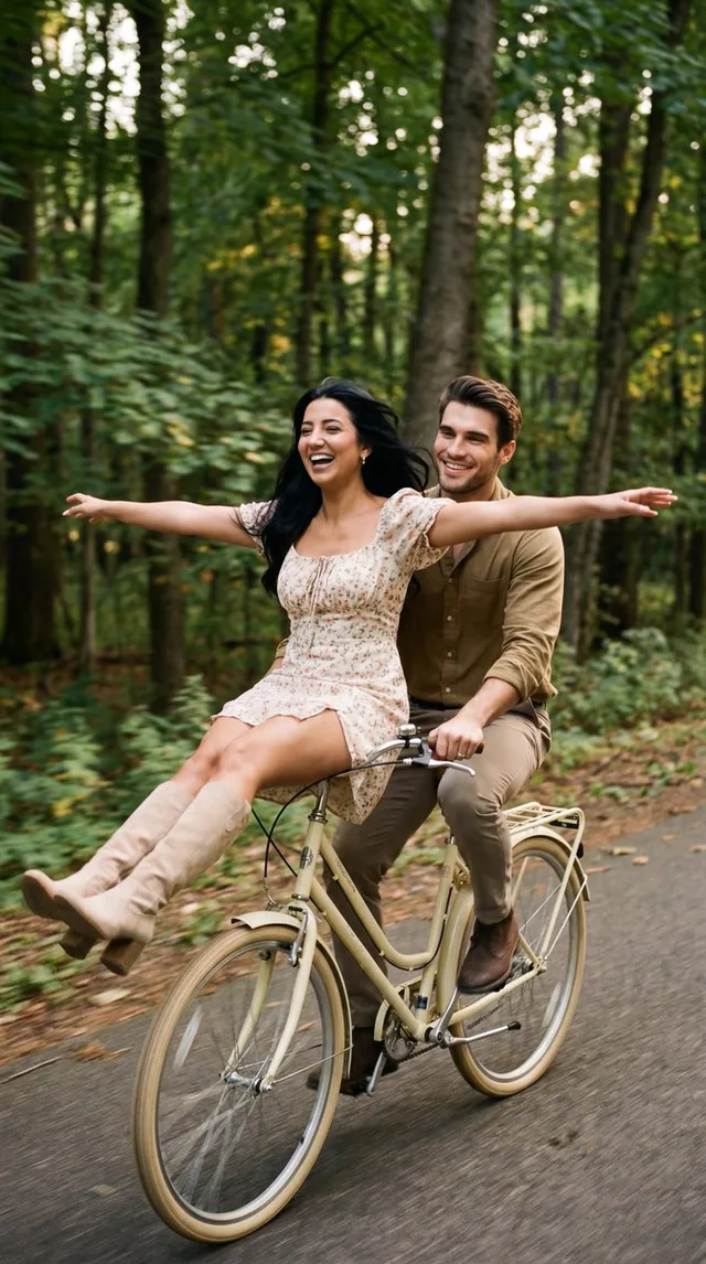 คู่รักปั่นจักรยานวินเทจในป่า