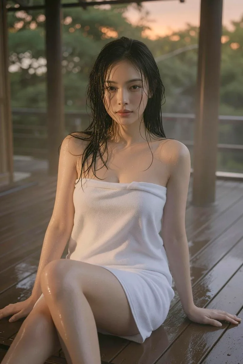 หญิงสาวบนระเบียงน้ำพุร้อนในป่า ผมเปียก ผ้าเช็ดตัว 1