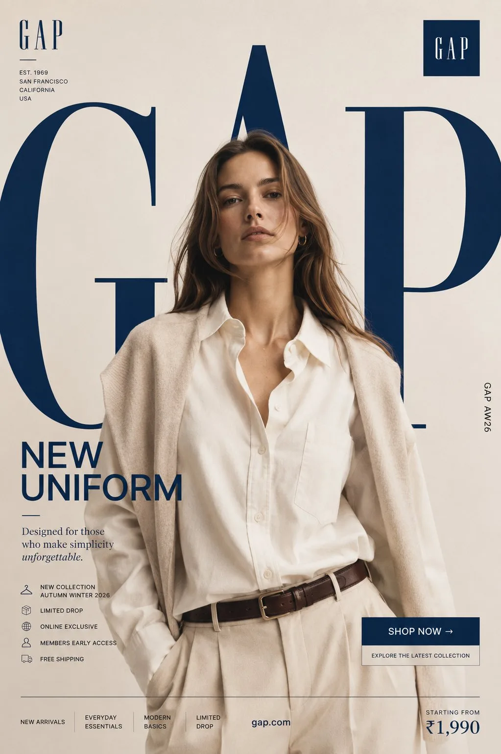 โปสเตอร์แฟชั่น GAP: โฆษณาชุดยูนิฟอร์มใหม่ สไตล์หรู 1