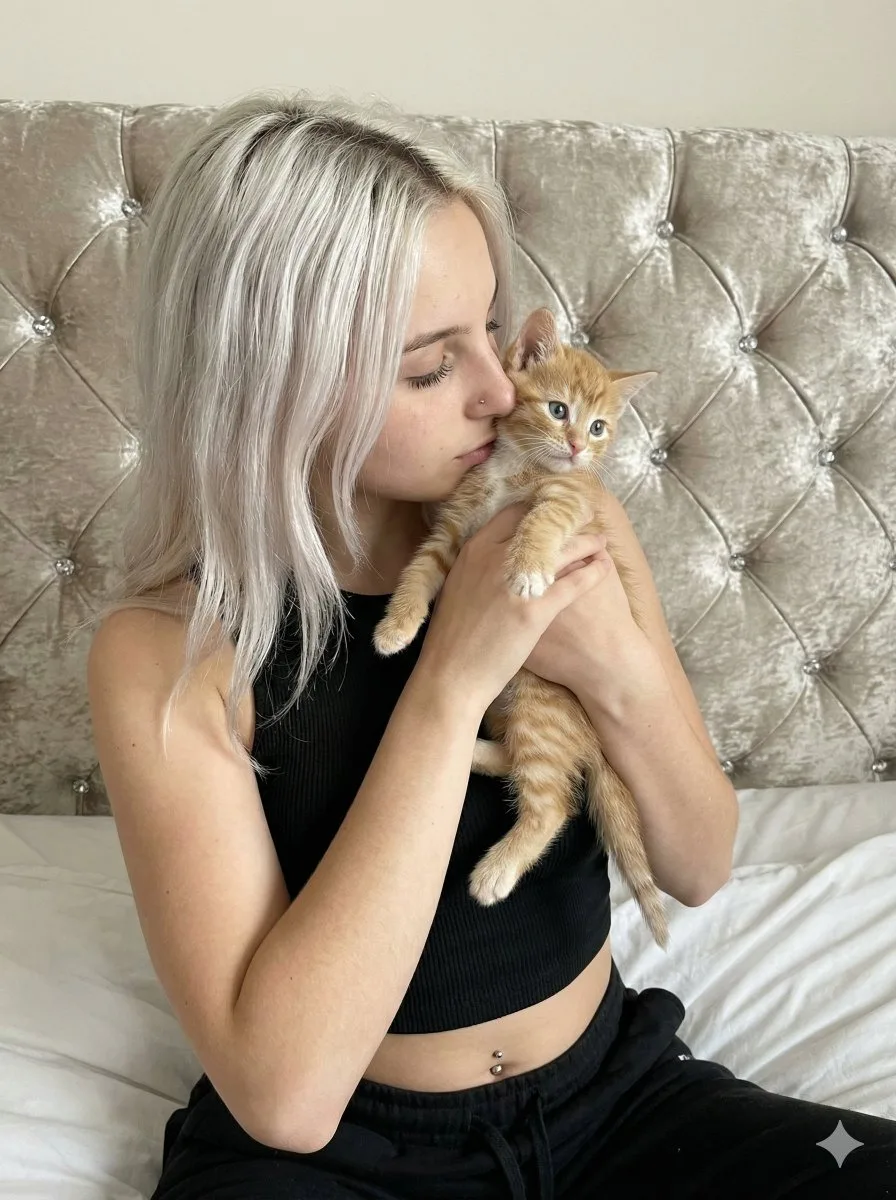 สาวน้อยจูบแมวส้ม: รูปถ่ายในห้องนอนสุดละมุน 1