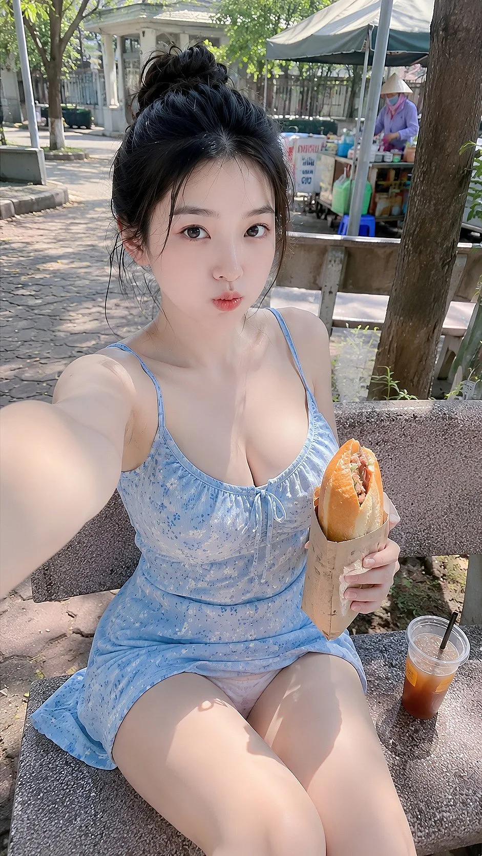 สาวเซลฟี่ในชุดเดรสลายดอกสีฟ้าอ่อนใต้ร่มเงาไม้ 1