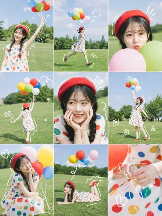คอลลาจสาวน้อยชุดลายจุดในทุ่งหญ้า 1