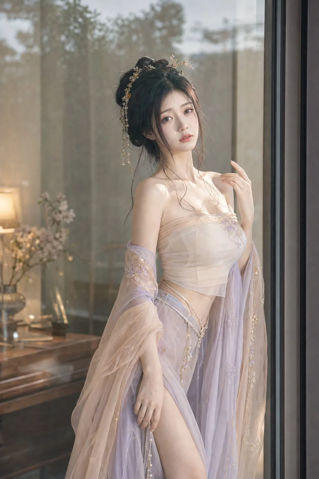 ภาพถ่ายหญิงสาวชุดจีนโบราณสไตล์กระจกซ้อนทับรับแสง 1