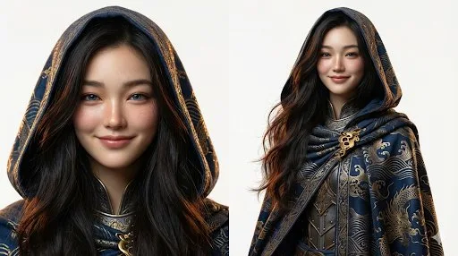 นักรบหญิงขุนนางชุดคลุมสีน้ำเงินทอง: ใบหน้าและครึ่งตัว 1