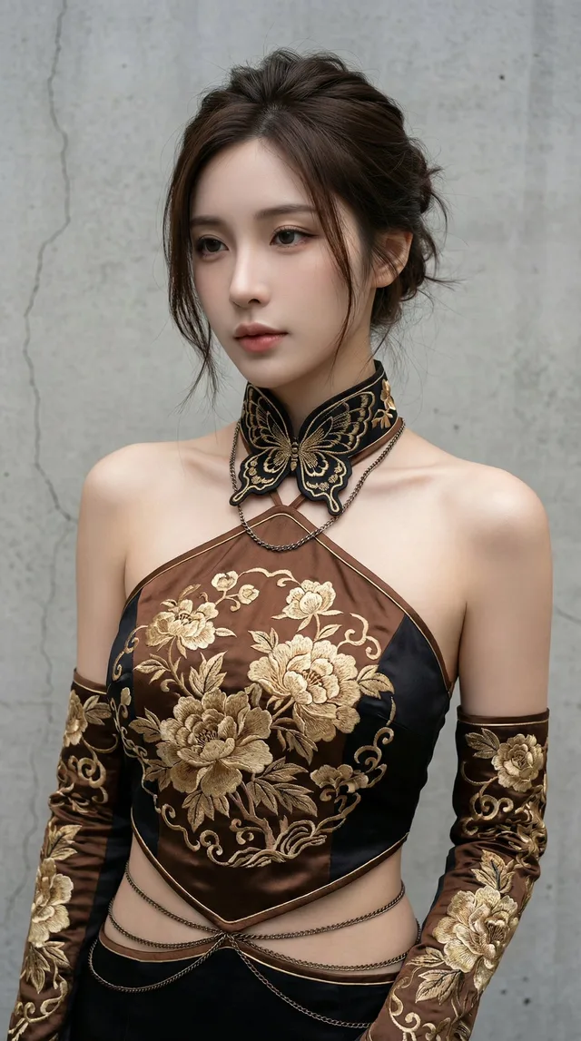 ภาพแฟชั่นสไตล์จีนใหม่ ผสมไซเบอร์พังก์: ดอกโบตั๋นปักทอง