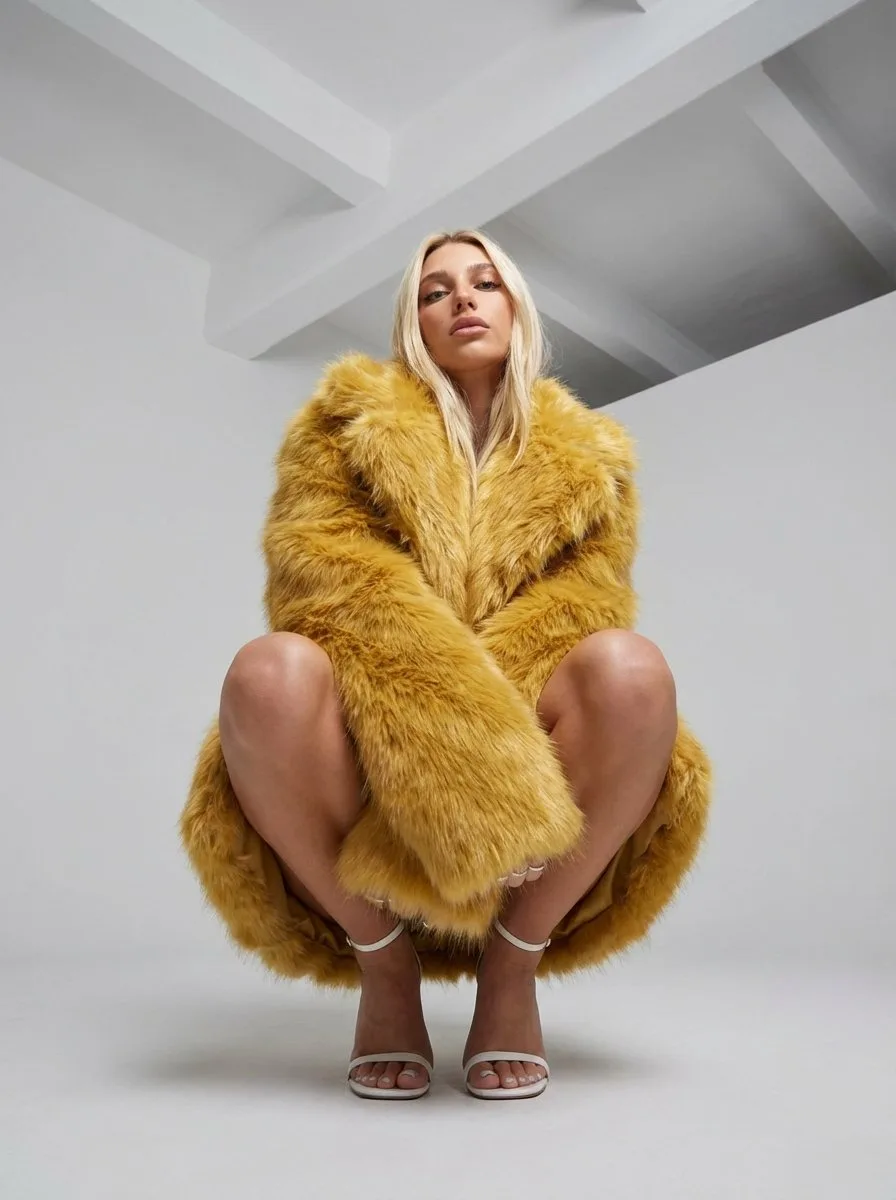 หญิงสาวในชุดขนเฟอร์ทอง ประหนึ่งภาพถ่ายแฟชั่นชั้นสูง 1