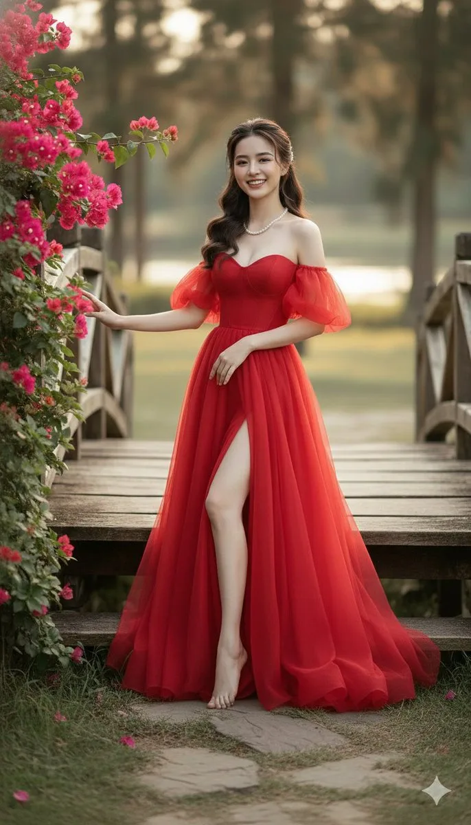 หญิงสาวชุดแดงในป่าสนยามอาทิตย์อัสดง 1