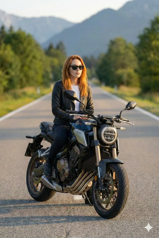 ไรเดอร์หนุ่มสุดเท่บนมอเตอร์ไซค์หรูยามแสงทอง