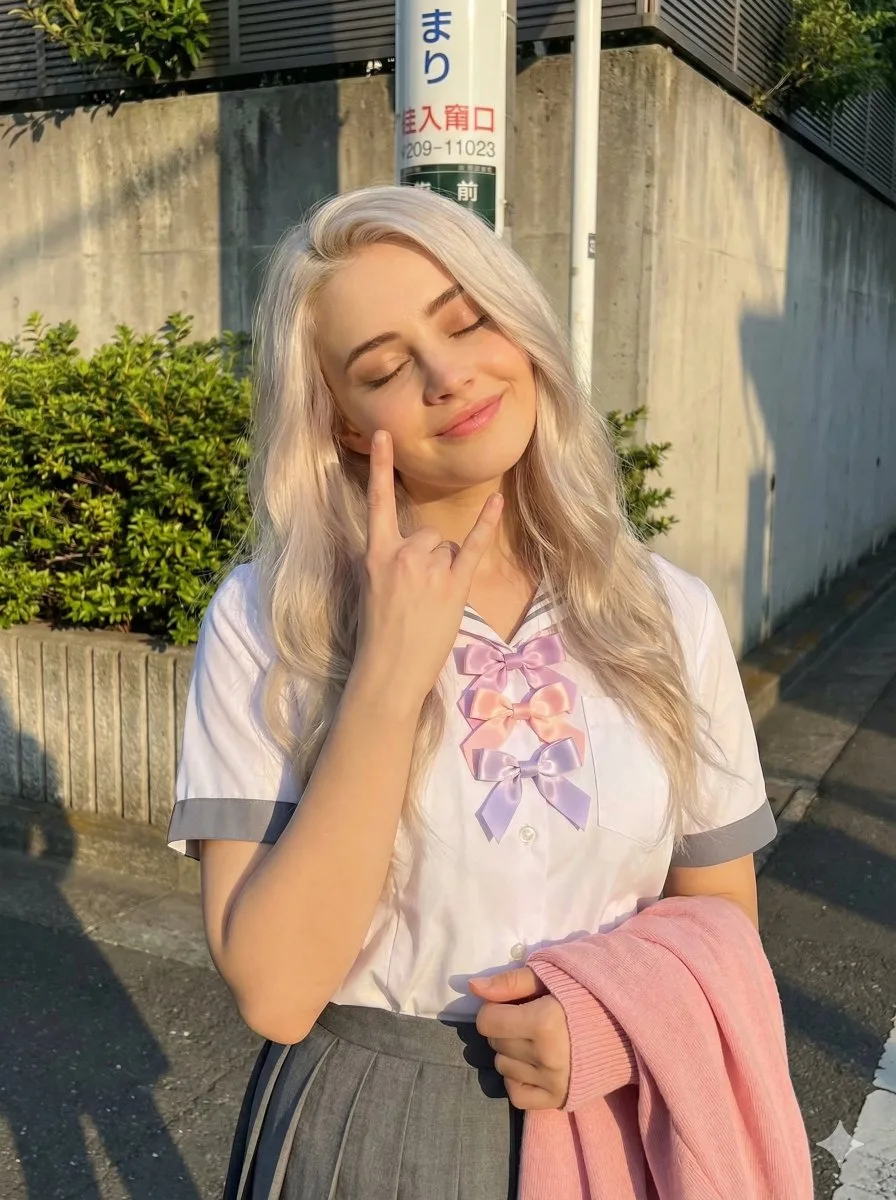สาวผมทองในชุดนักเรียน ยิ้มหวานท่ามกลางแสงอาทิตย์สีทอง 1
