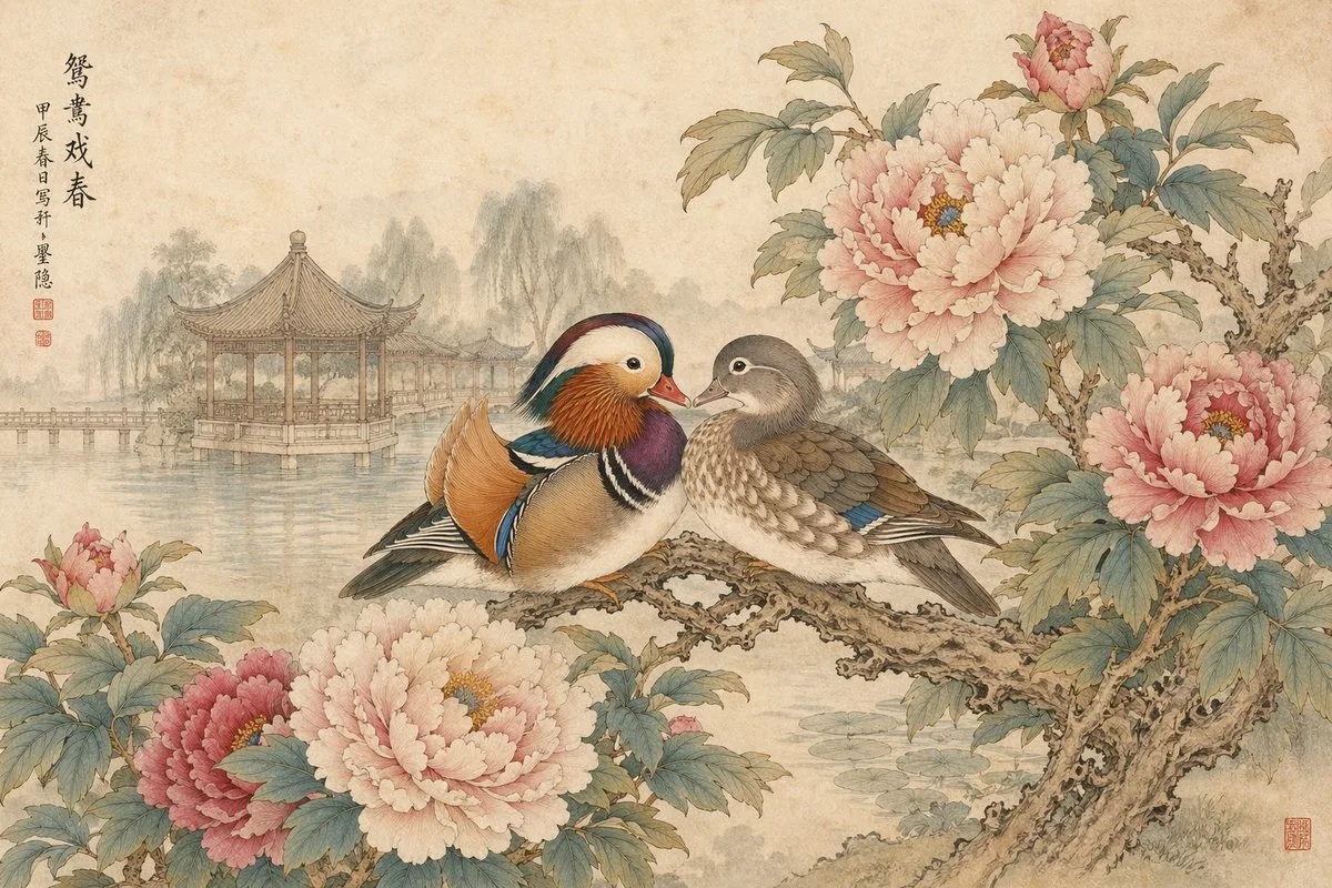 ภาพดอกโบตั๋นและนกเป็ดแมนดารินแบบกงบี่ (工笔重彩牡丹鸳鸯图) 1