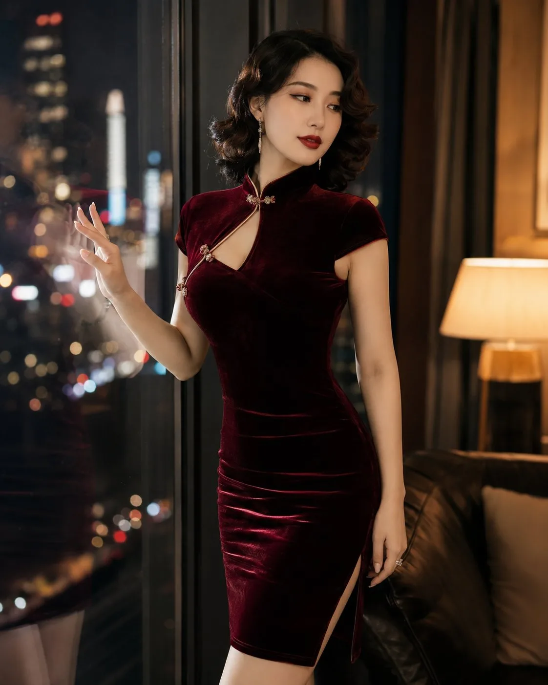 สาวเอเชียตะวันออกในชุดกี่เพ้ากลางคืนเมือง 1