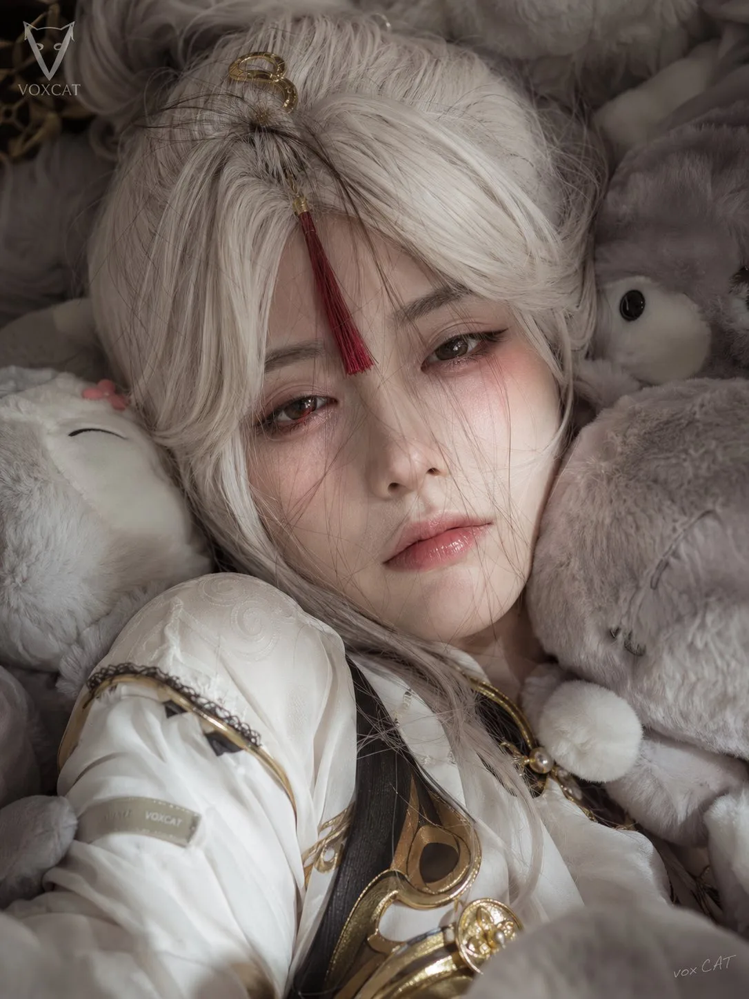 ภาพบุคคลใกล้ชิด: ของเล่นผ้าพลัฌสีเทาขาวกับผู้หญิง 1