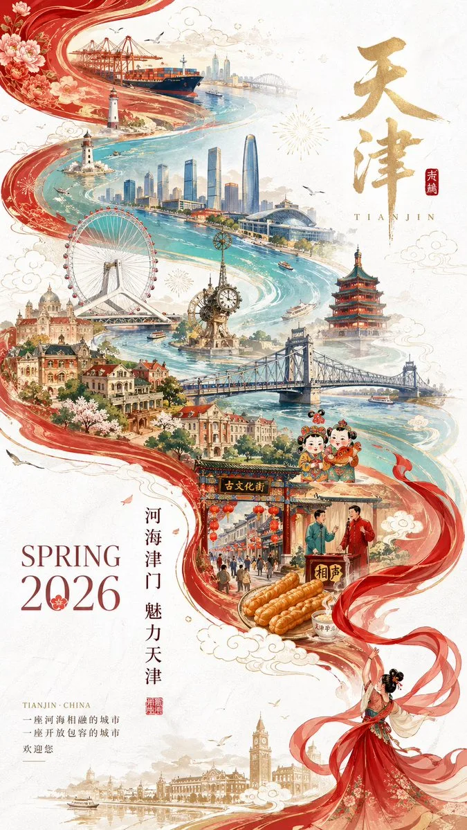 โปสเตอร์โปรโมทเมืองเทียนจิน: มนต์เสน่ห์แห่งกั๋วเฉาและภาพซ้อน 1
