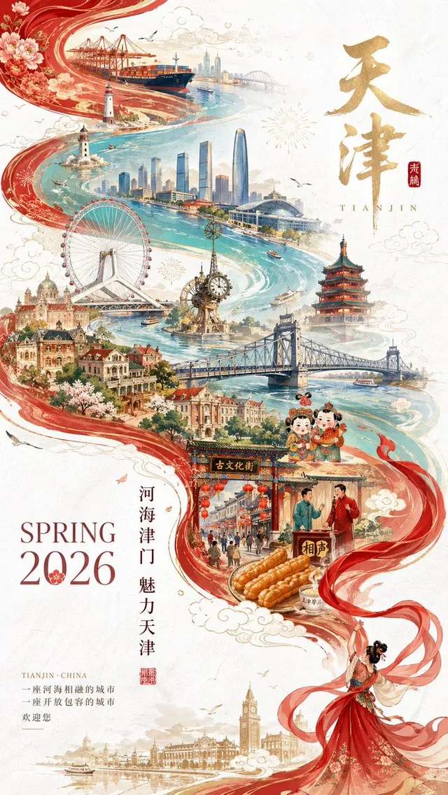 โปสเตอร์โปรโมทเมืองเทียนจิน: มนต์เสน่ห์แห่งกั๋วเฉาและภาพซ้อน