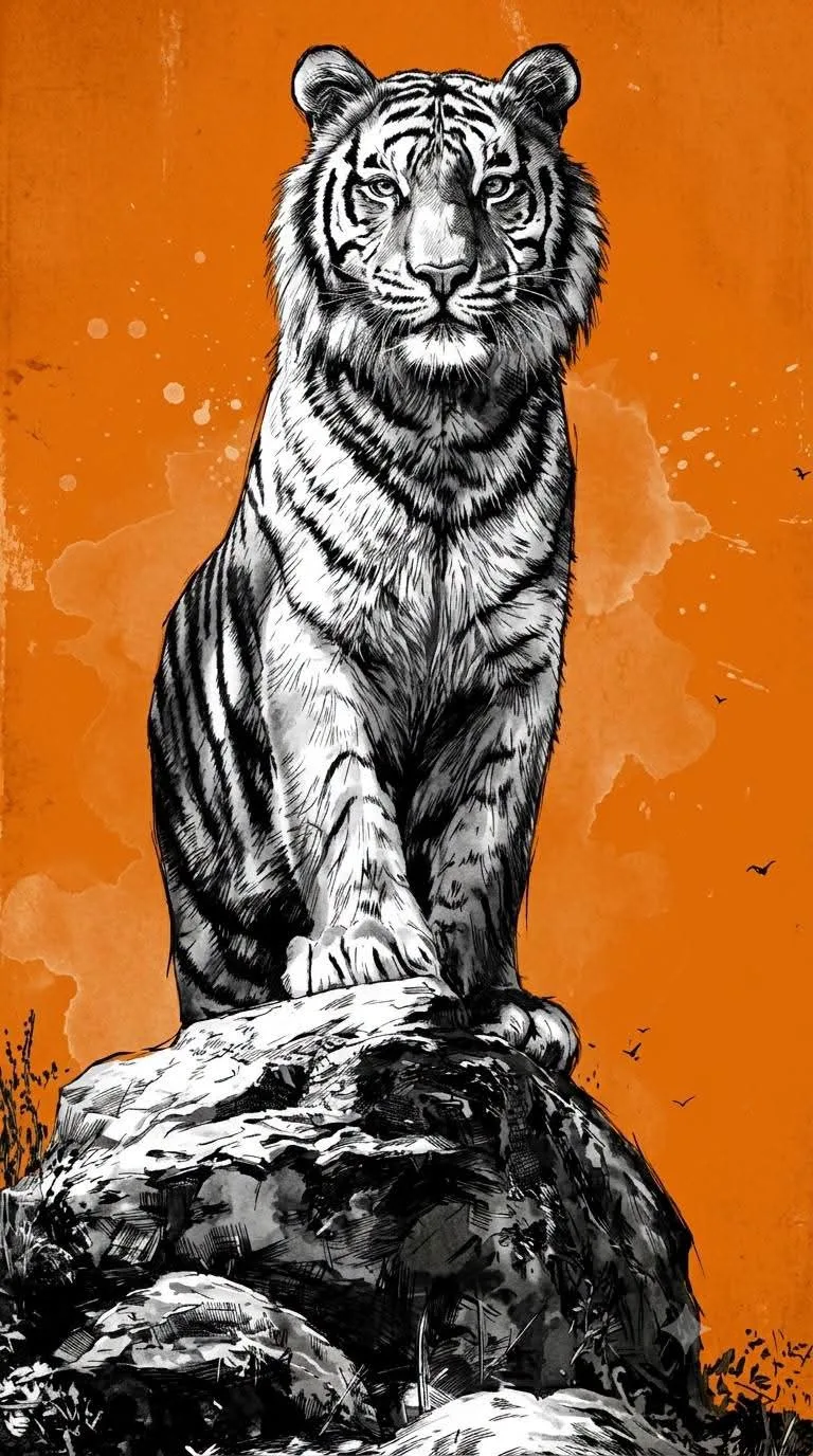 โปสเตอร์ภาพประกอบขาวดำ สไตล์วาดมือ พื้นหลังสีส้ม 2