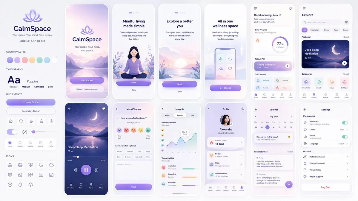 ชุด UI แอปสุขภาพจิต: CalmSpace 1