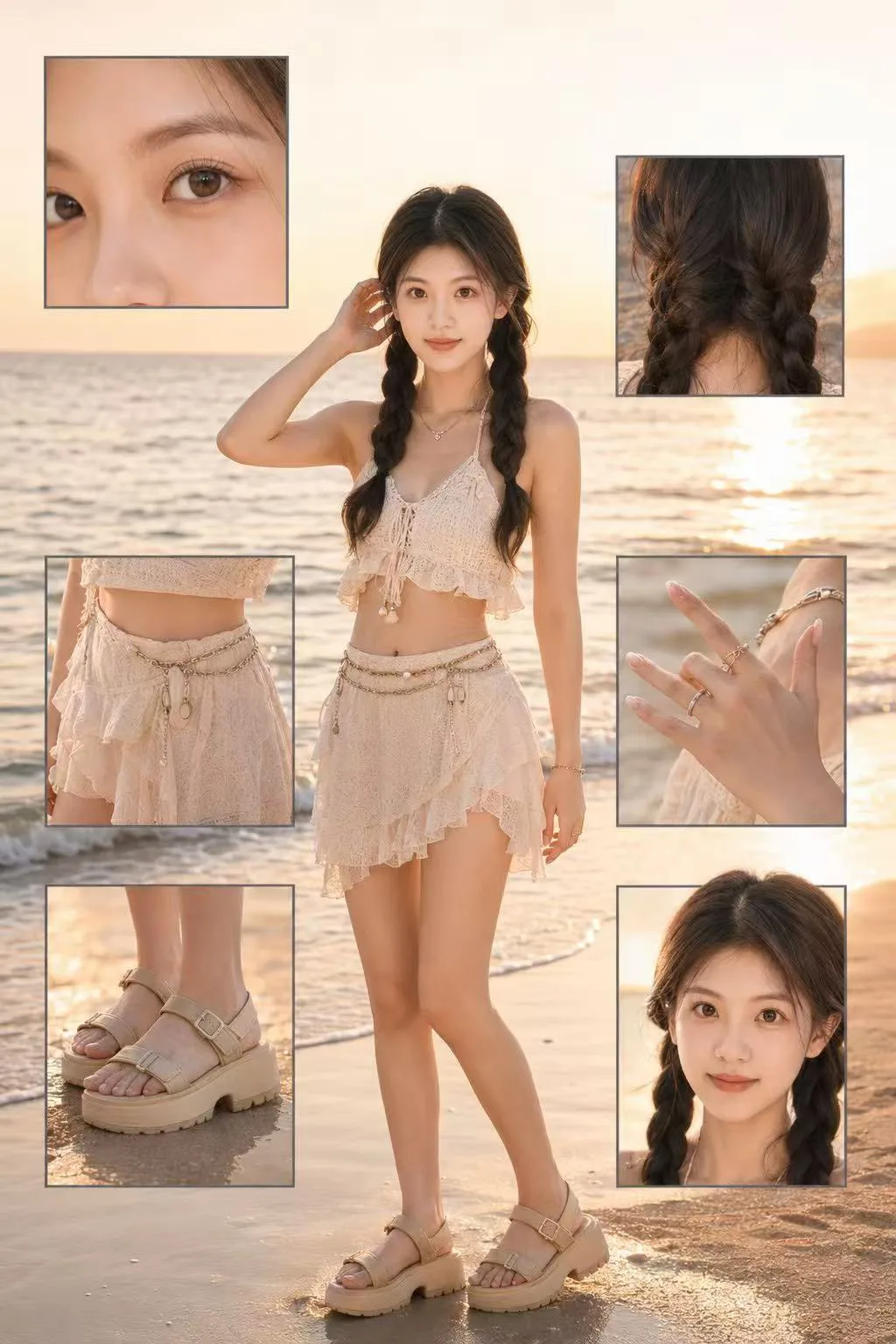 โปสเตอร์นิตยสารแฟชั่นหรูหรา: นางแบบบนชายหาดยามอาทิตย์อัสดง 1