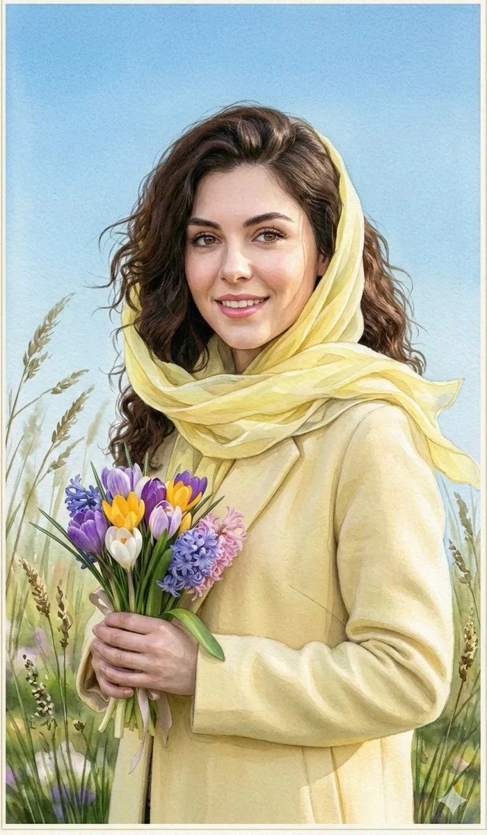 สาวงามถือช่อไฮยาซินธ์ในวันใบไม้ผลิ สไตล์สีน้ำ 1