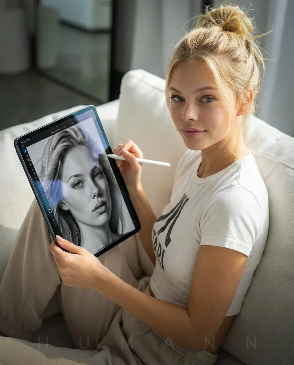 บุคคลสร้างสรรค์ใช้ iPad บนโซฟา: สมจริงสุดๆ 1