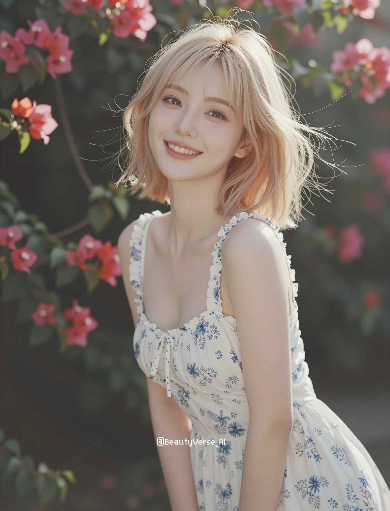 สาวญี่ปุ่นในสวนบูเกนวิลเลีย แสงแดดสาดส่อง 1