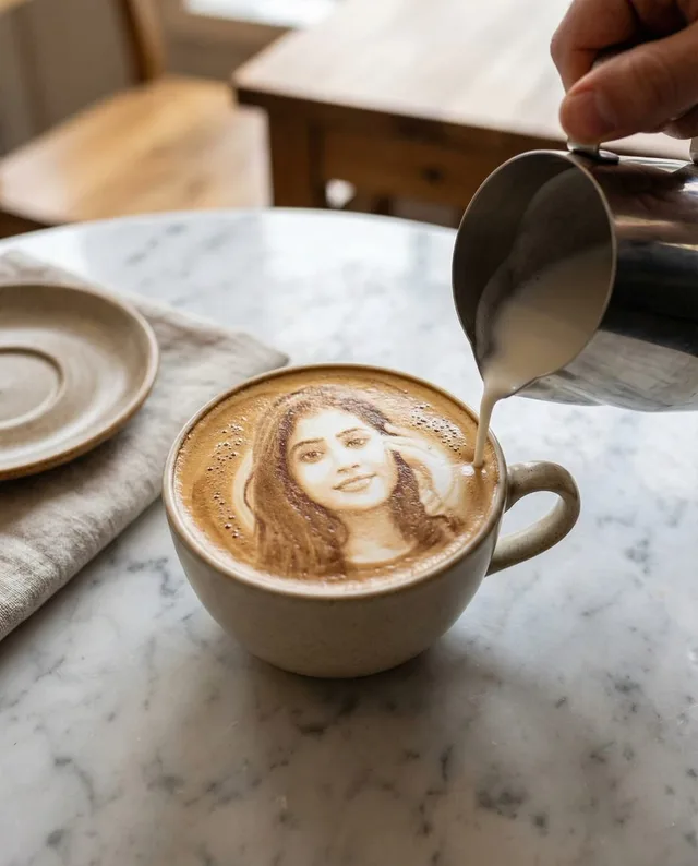 ภาพบุคคล Latte Art โฟมนมสมจริงในถ้วยกาแฟ