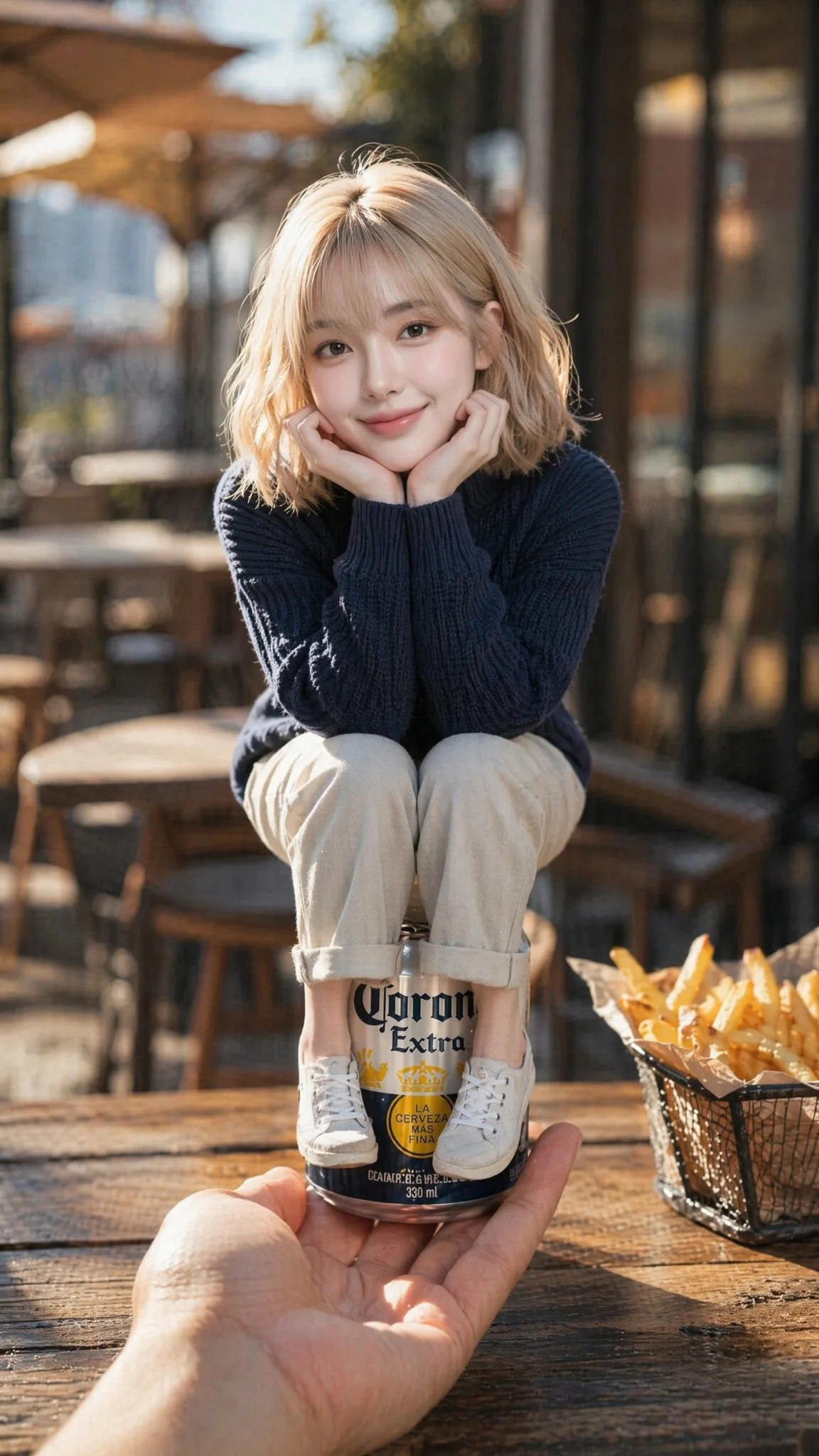 สาวผมบลอนด์นั่งบนกระป๋องเบียร์: ภาพถ่ายเหนือจริง 1