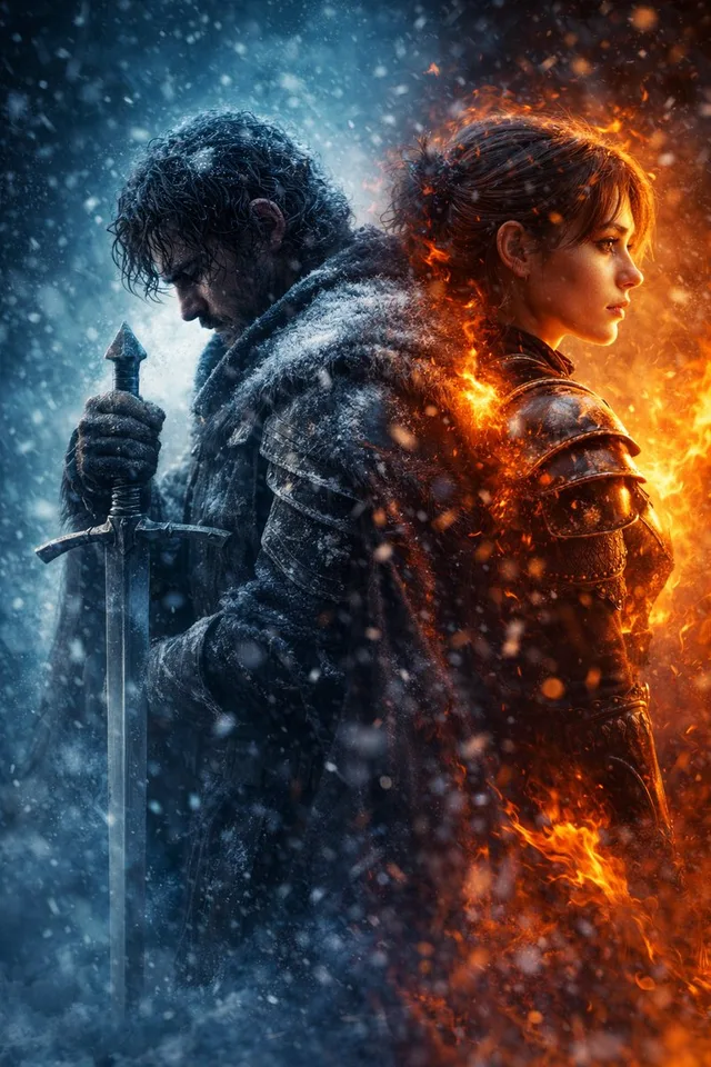 โปสเตอร์หนังแฟนตาซี: สองนักรบเผชิญพายุหิมะ