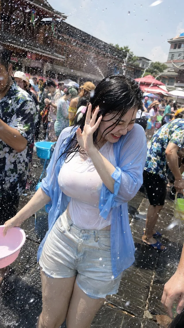 สาวเอเชียเล่นสงกรานต์ ถ่ายด้วย iPhone