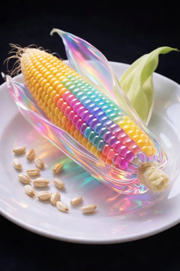 ข้าวโพดแก้วหลากสี สไตล์ AI-edited hyperrealism