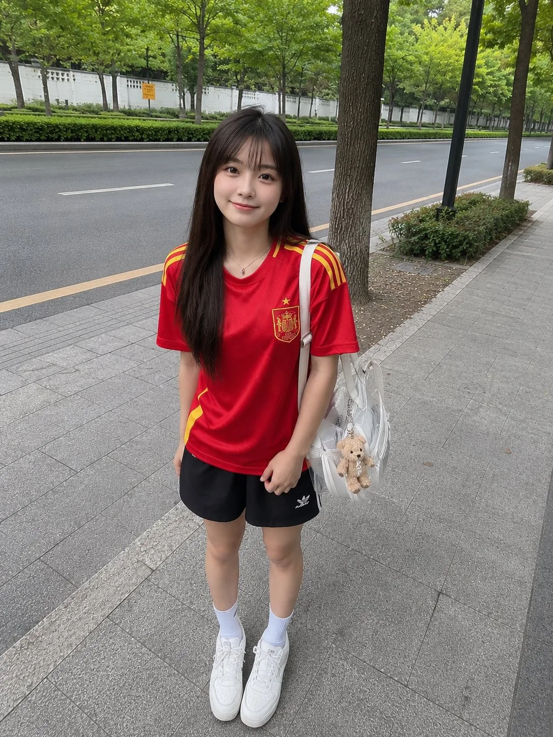สาวญี่ปุ่นกับเสื้อทีมชาติสเปนริมถนน 1