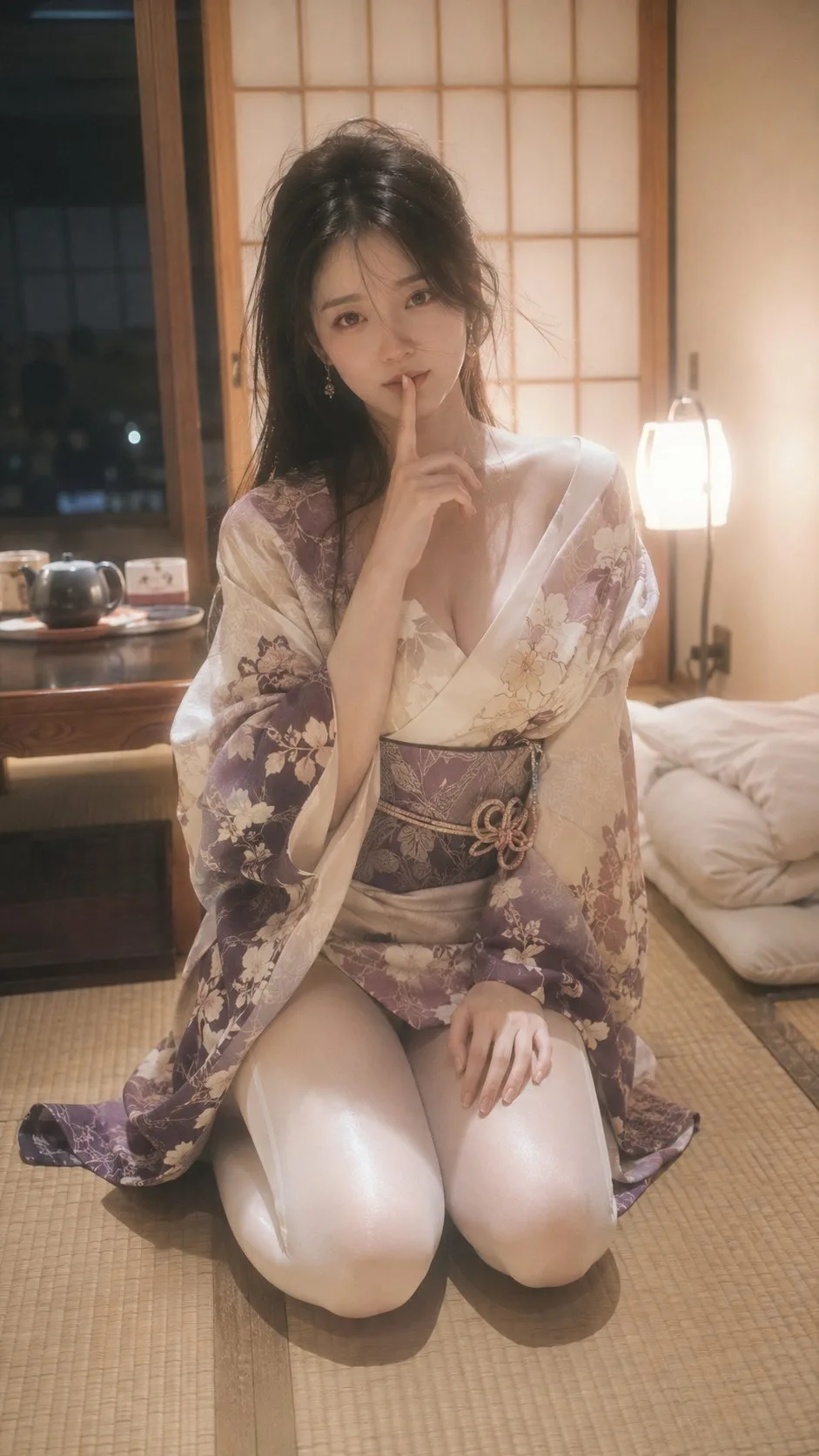 สาวชุดกิโมโนบนเสื่อทาทามิยามค่ำคืน 1