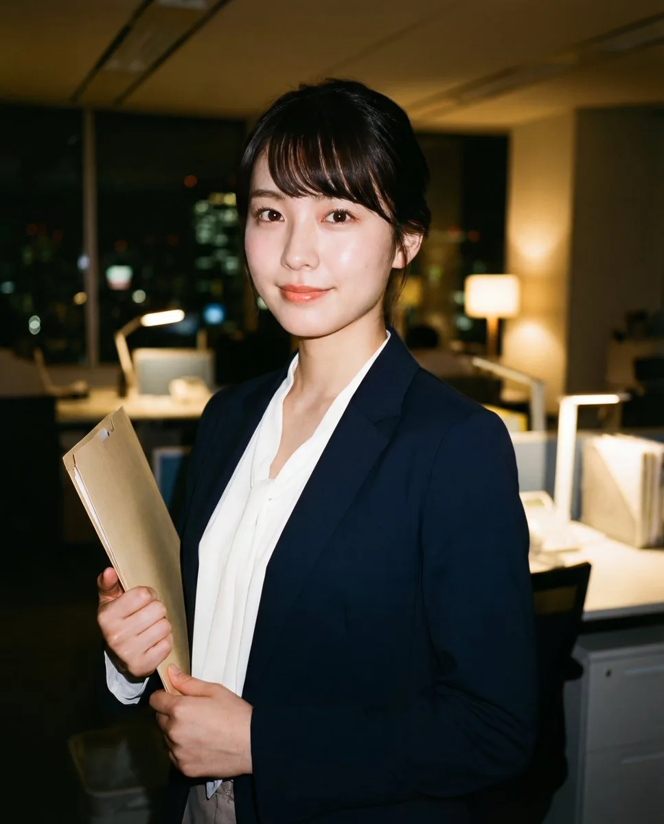 โอแอลสาวญี่ปุ่นสดใส ในออฟฟิศยามดึก แสงแฟลช 1