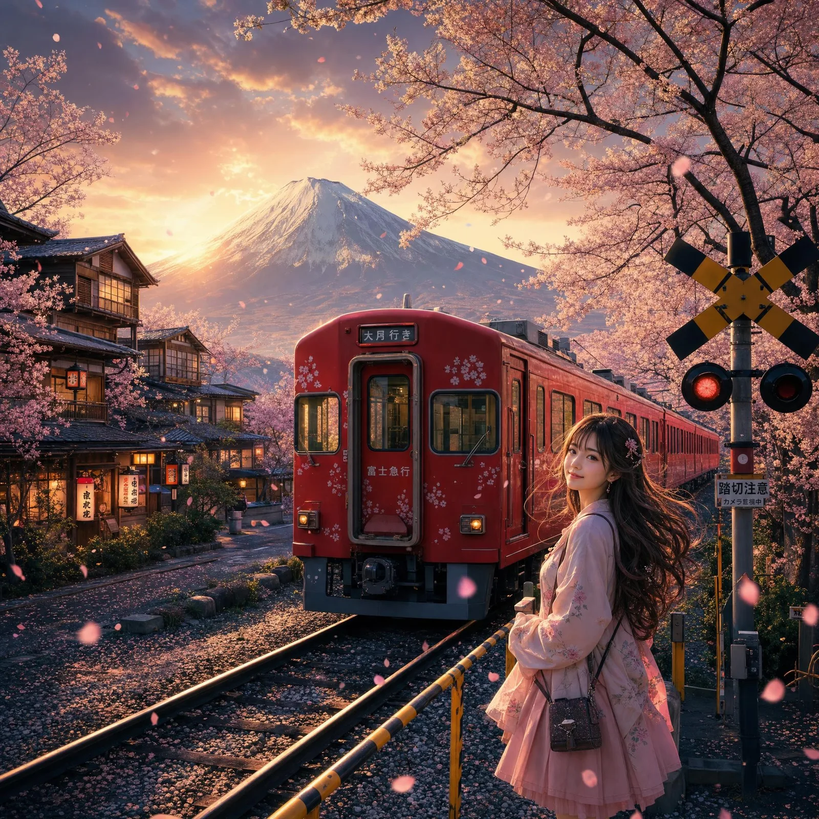 รถไฟสีแดงกับสาวญี่ปุ่นใต้ภูเขาไฟฟูจิยามะ ในฤดูซากุระ 1