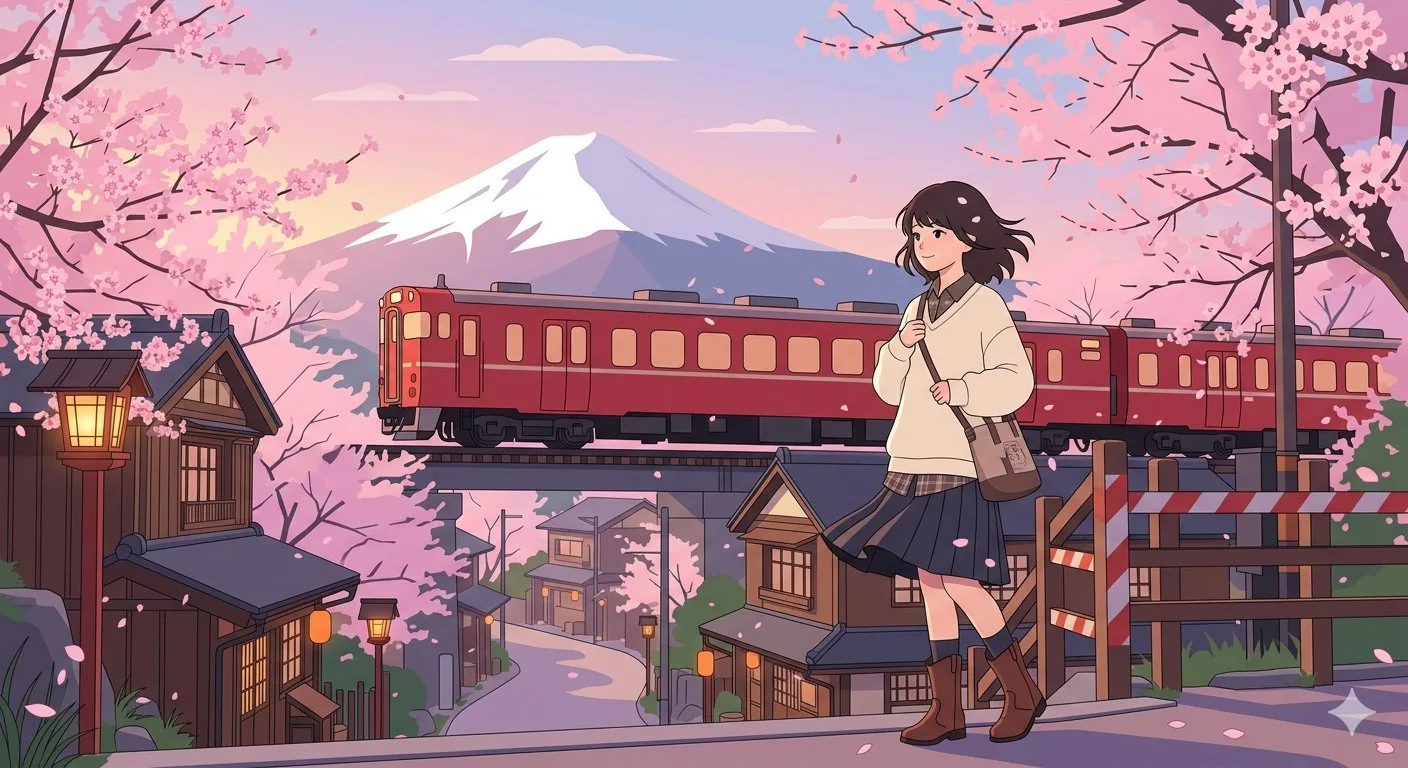รถไฟสีแดงกับสาวญี่ปุ่นใต้ภูเขาไฟฟูจิยามะ ในฤดูซากุระ 2