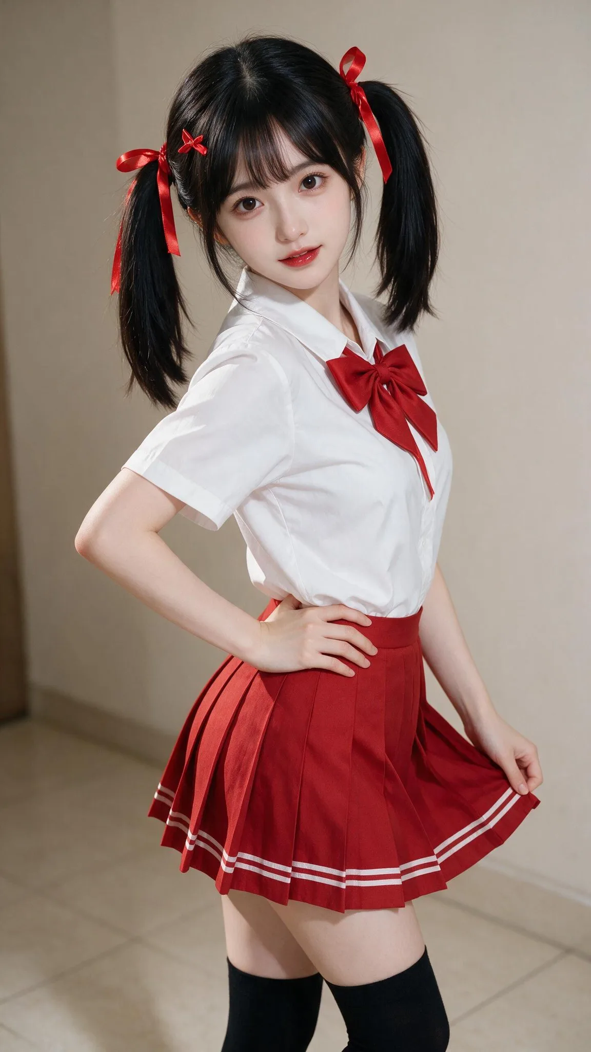 สาวญี่ปุ่นชุดนักเรียน ผิวพอร์ซเลน ผมทวินเทลโบว์แดง 1