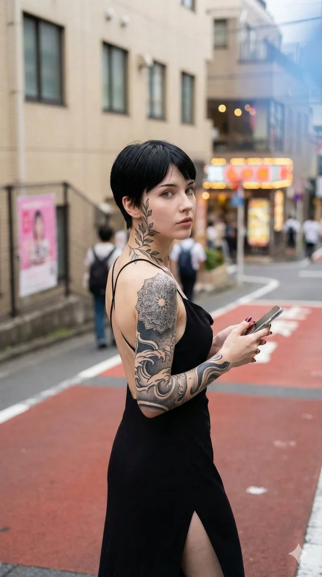 สาวดำชุดเดรสญี่ปุ่น หันหลังมอง พร้อมรอยสักสุดเท่