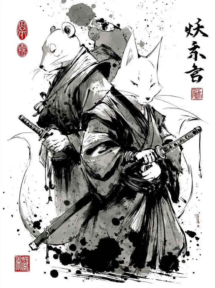 จิ้งจอกหนูซามูไร: ภาพวาดหมึกซูมิเอะญี่ปุ่น 1