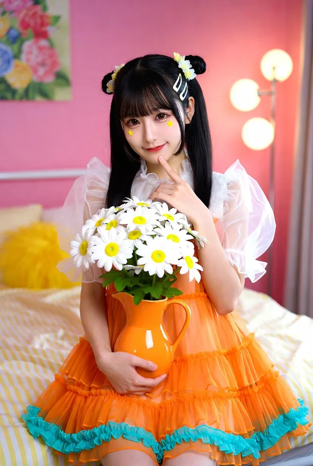 สาวญี่ปุ่นชุดส้มห้องชมพู ถือเดซี่